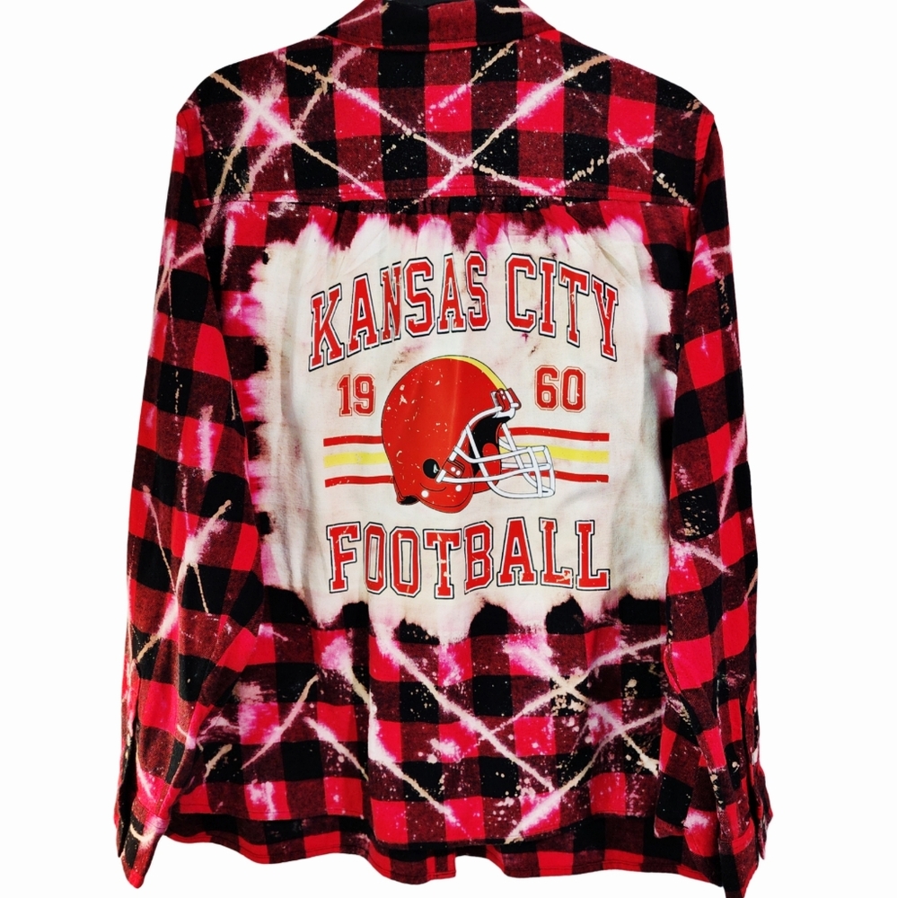 Kansas City Chiefs Red & White Custom Upcycled Bleached Plaid Flannel Shirt, XXL
